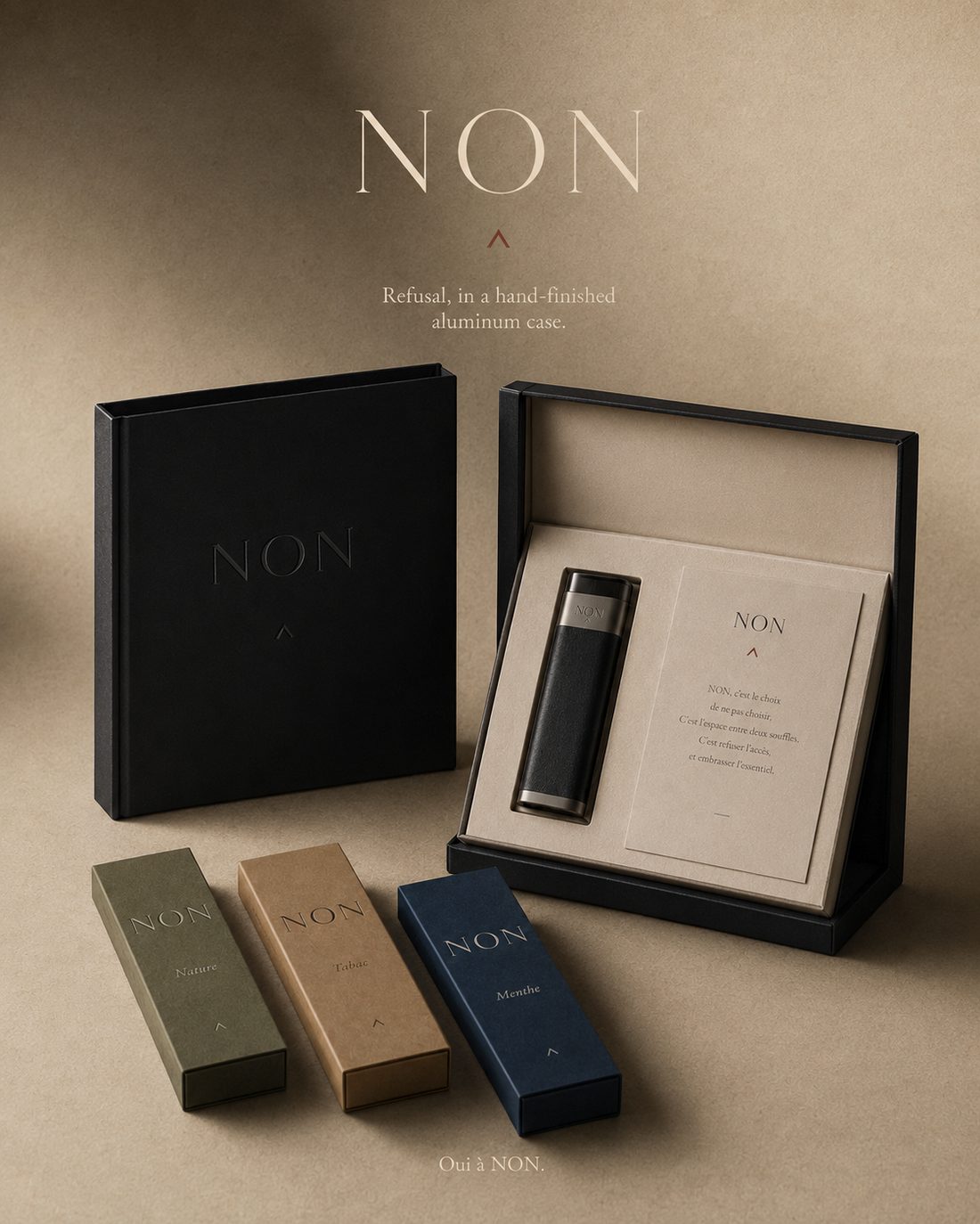 The NON case open on the device beside the Nature, Tabac and Menthe pod boxes