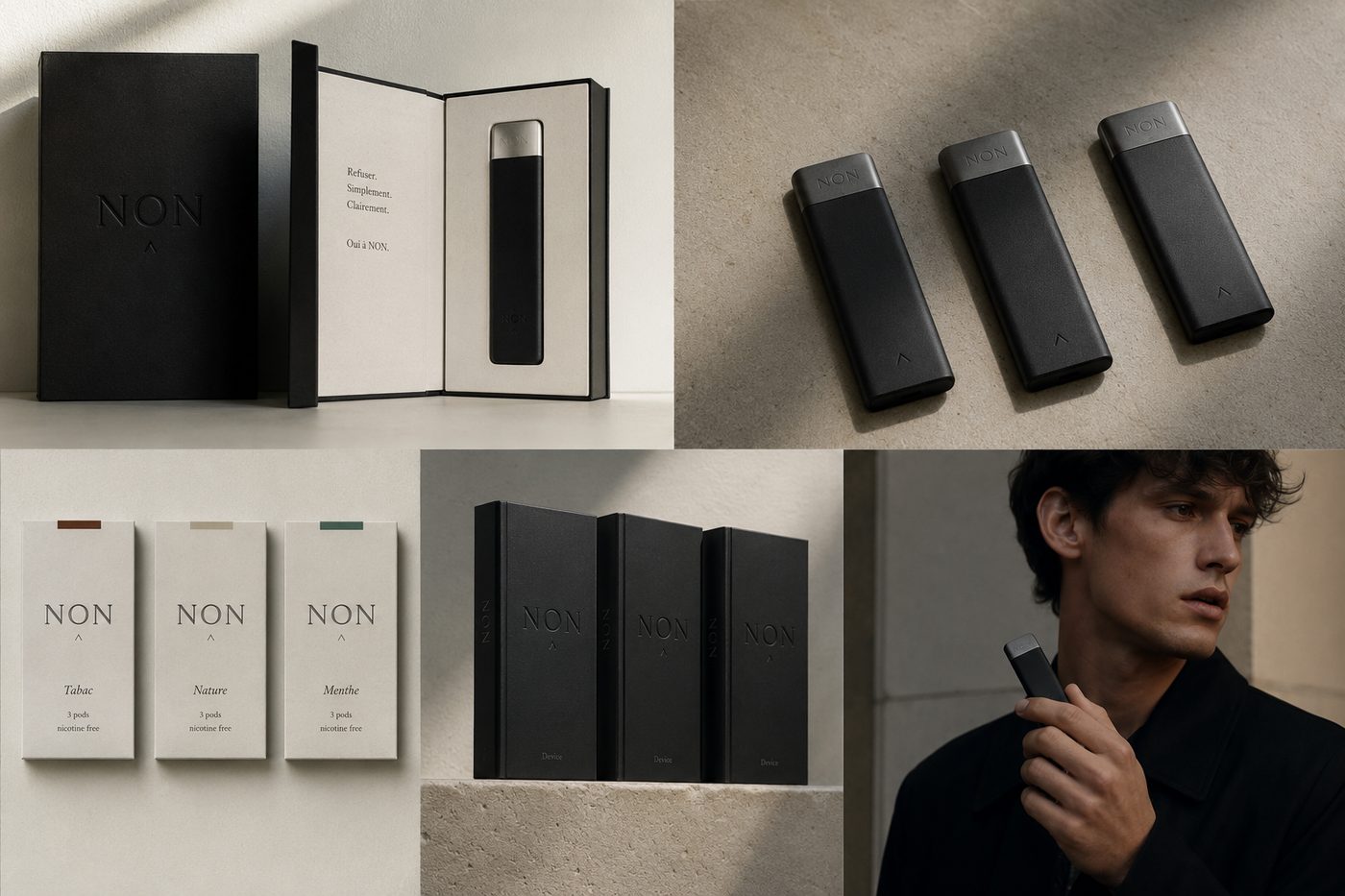 NON product renders: the cloth-bound case open on the device, three devices with brushed aluminum caps, the Tabac, Nature and Menthe pod boxes, and a man holding the device