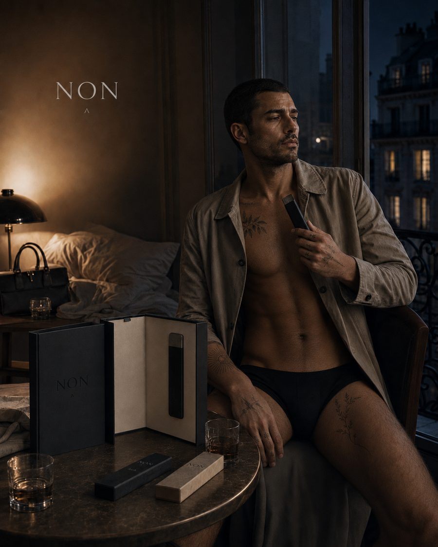 From the hôtel campaign: a man by a Paris window at night holds the NON device beside the open case